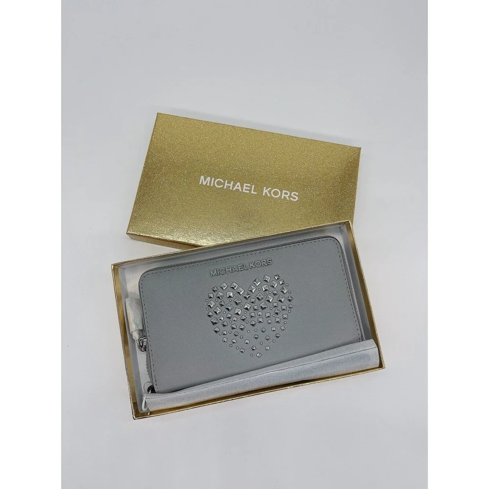 Michael Kors Boxed Giftables Large Flat Phone Case Ash Grey Leather Studs Heart